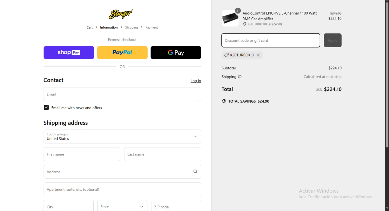 Stinger discount code screenshot showing code K20TURBOKID applied at Stinger checkout page. Uploaded by SimplyCodes community member Puta_madre10 on Apr 16, 2025