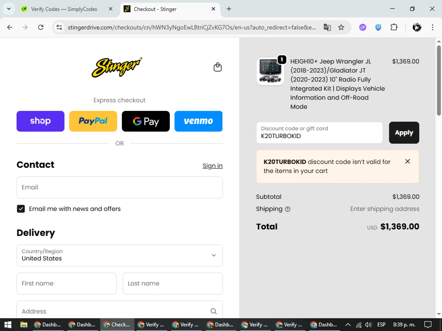 Stinger discount code screenshot showing code K20TURBOKID applied at Stinger checkout page. Uploaded by SimplyCodes community member SavvyChaser6563 on Oct 11, 2025