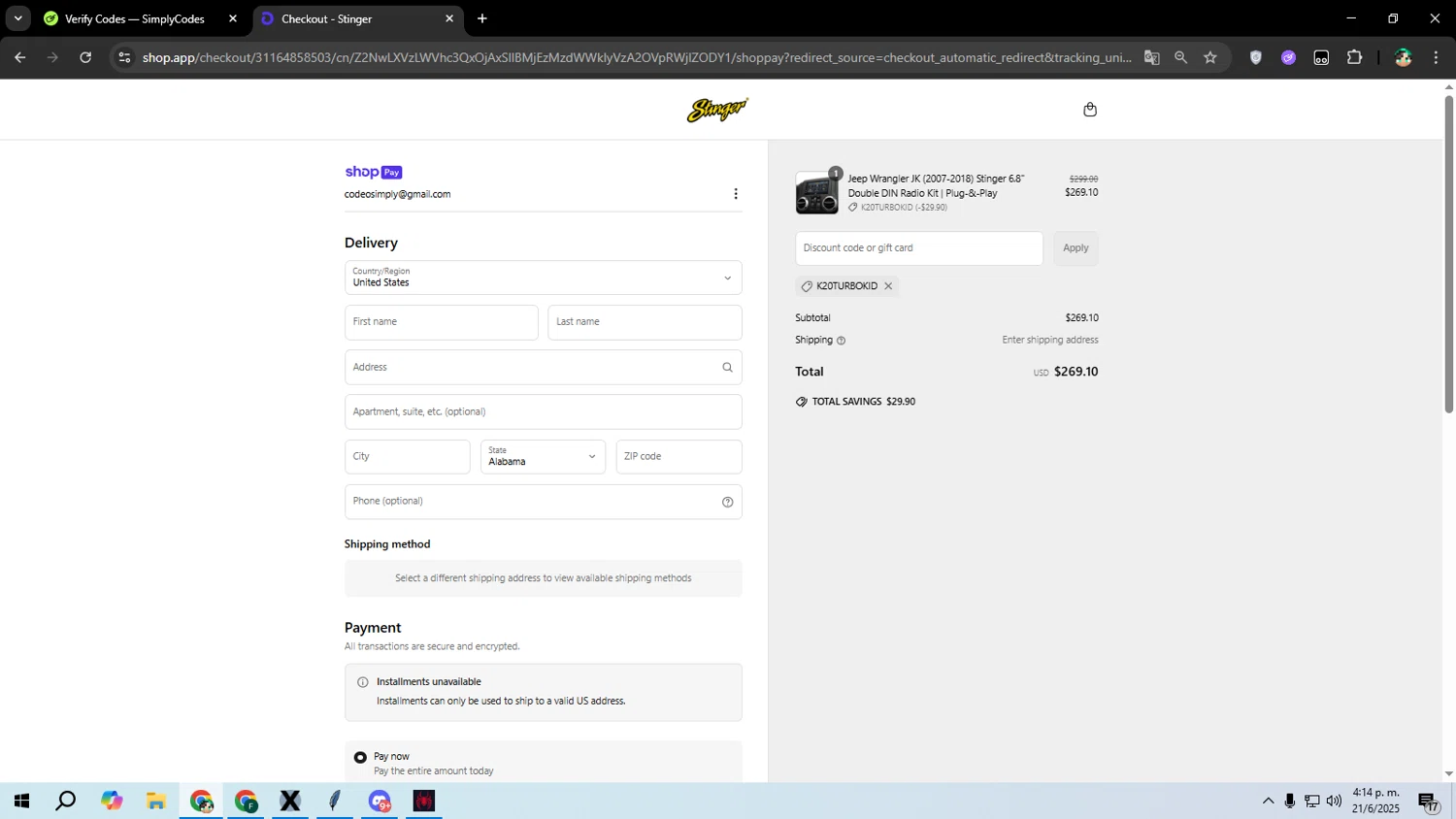 Stinger discount code screenshot showing code K20TURBOKID applied at Stinger checkout page. Uploaded by SimplyCodes community member franalepe on Jun 21, 2025