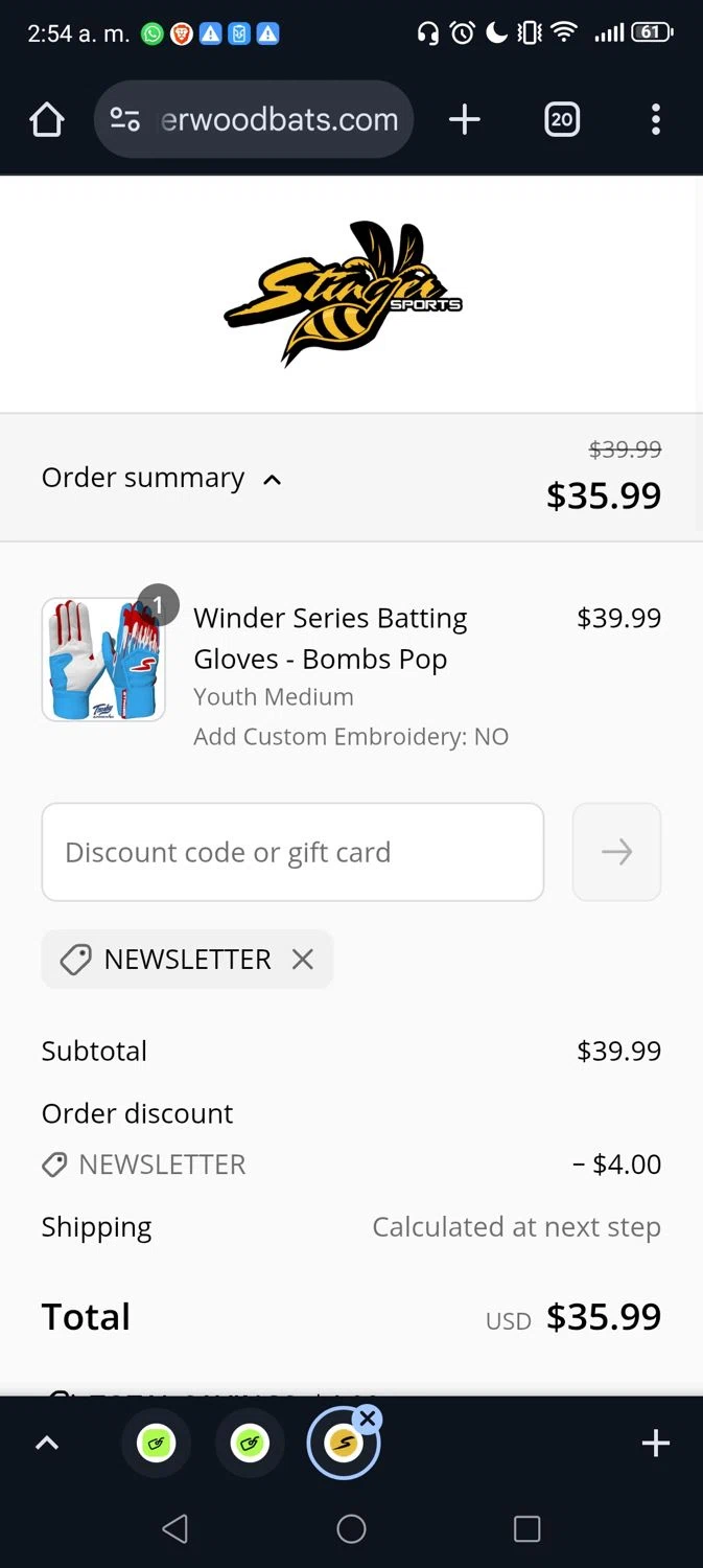 Stinger Sports promo code screenshot showing code newsletter applied at Stinger Sports checkout page. Uploaded by SimplyCodes community member Gojosatoru20 on Jun 24, 2025