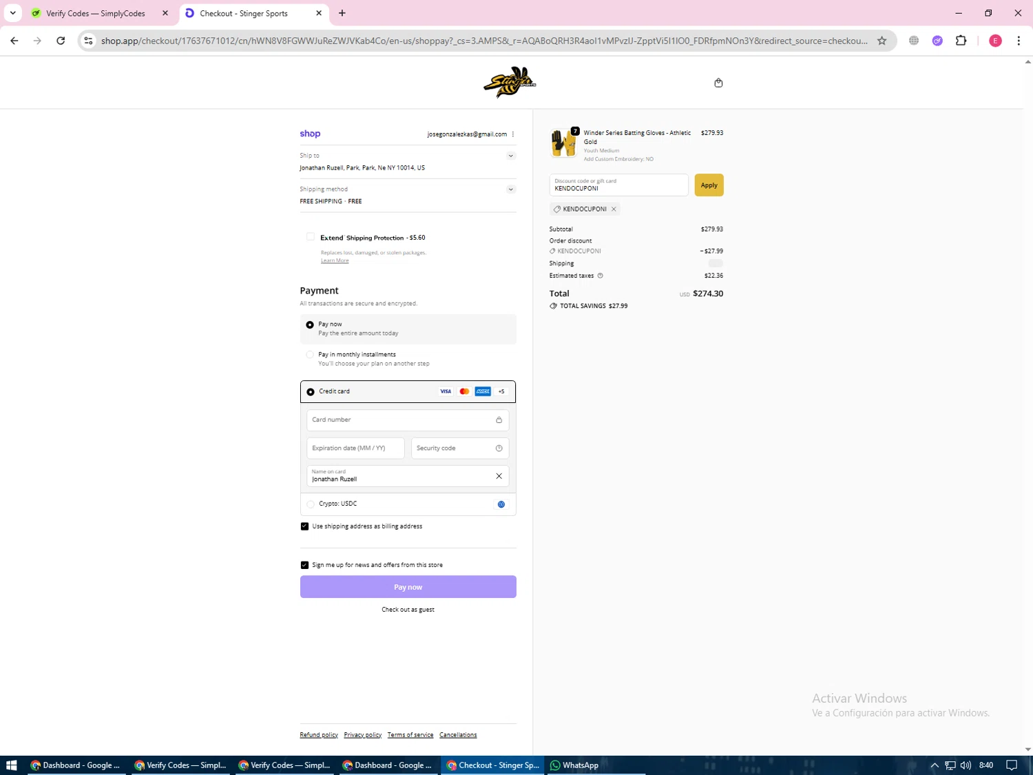 Stinger Sports checkout page showing Stinger Sports promo code box | Screenshot taken by SimplyCodes community member on Feb 7, 2026