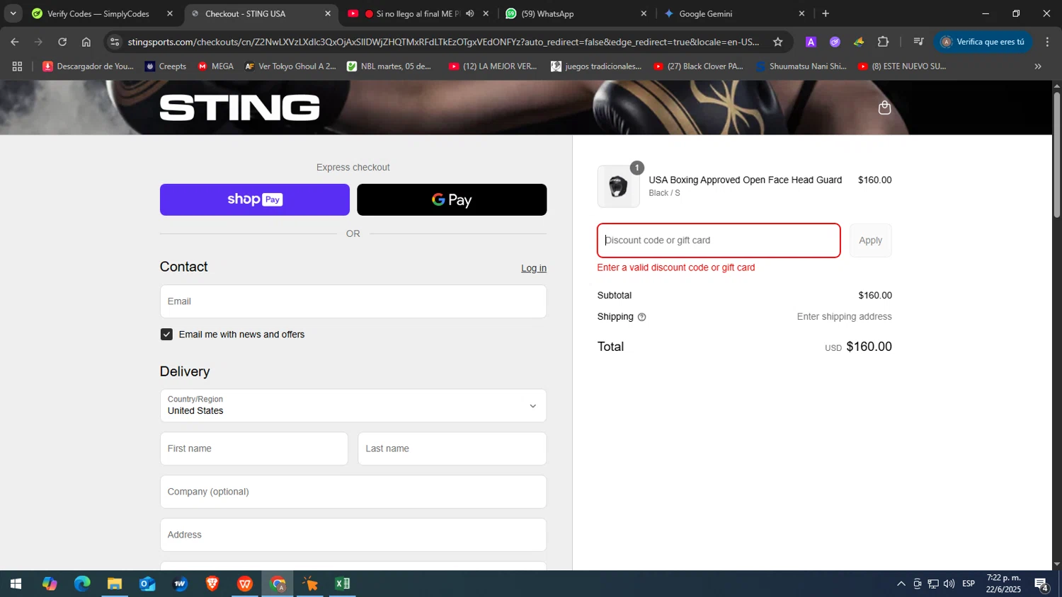 Sting Sports discount code screenshot showing code welcome10 applied at Sting Sports checkout page. Uploaded by SimplyCodes community member yasabesssss on Jun 22, 2025