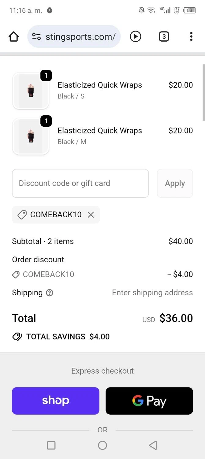 Sting Sports discount code screenshot showing code COMEBACK10 applied at Sting Sports checkout page. Uploaded by SimplyCodes community member couponcheck02 on Sep 24, 2025