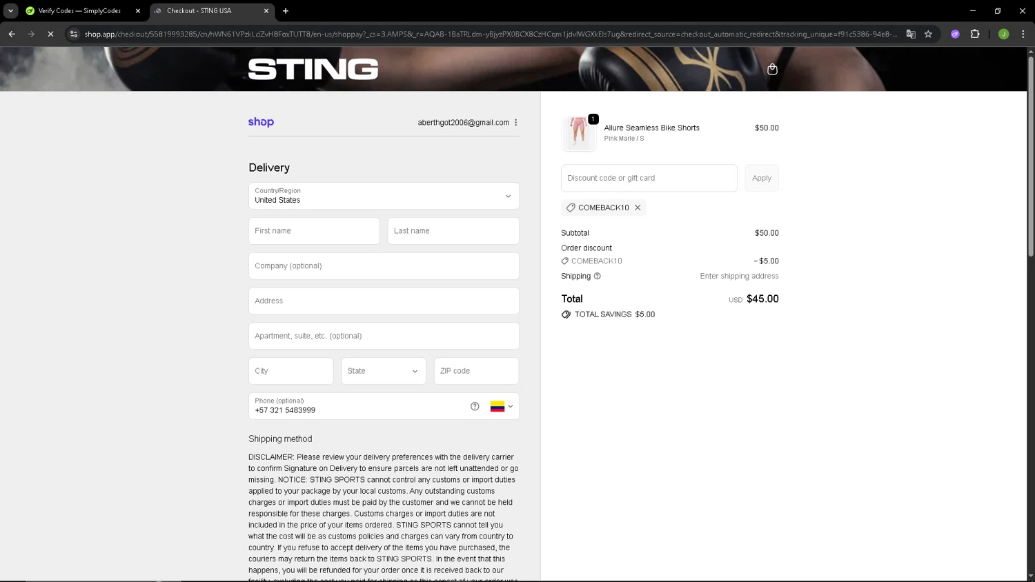 Sting Sports discount code screenshot showing code COMEBACK10 applied at Sting Sports checkout page. Uploaded by SimplyCodes community member SAIKOO on Dec 4, 2025
