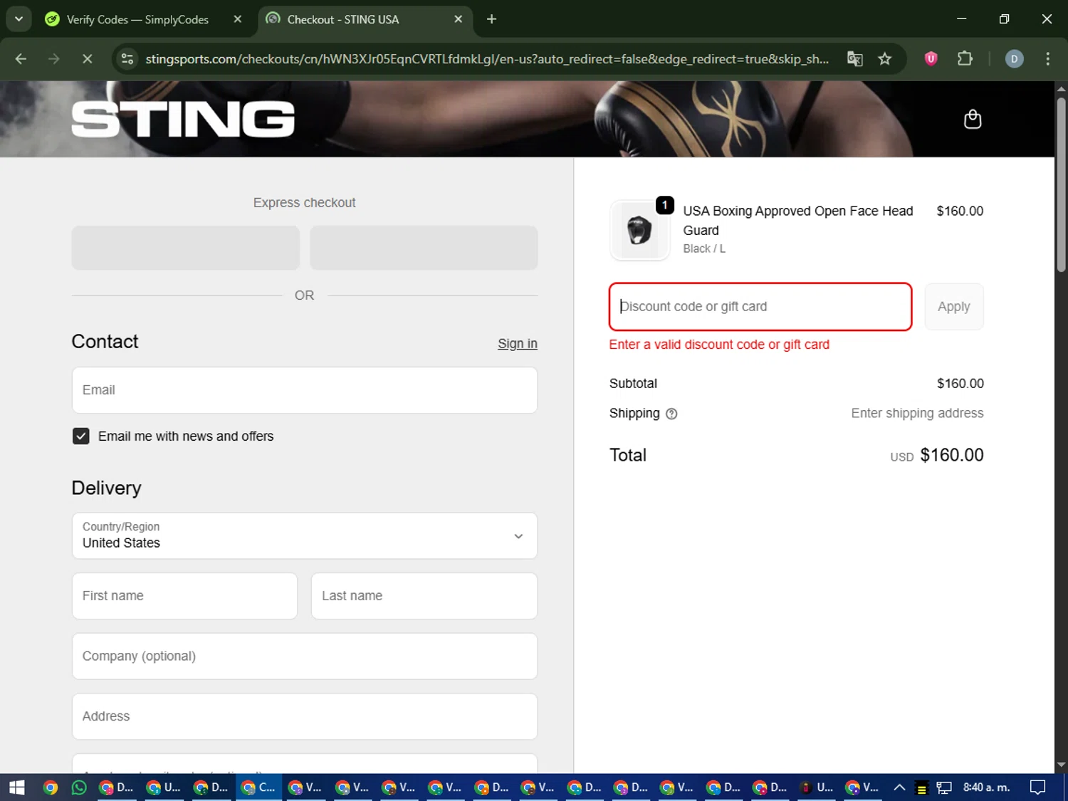 Sting Sports discount code screenshot showing code MMAGEAR10 applied at Sting Sports checkout page. Uploaded by SimplyCodes community member CleverCurator2558 on Sep 29, 2025