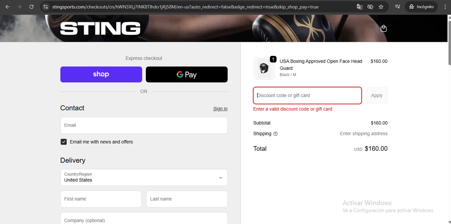 Sting Sports discount code screenshot showing code MMAGEAR10 applied at Sting Sports checkout page. Uploaded by SimplyCodes community member UchihaMadara on Sep 29, 2025