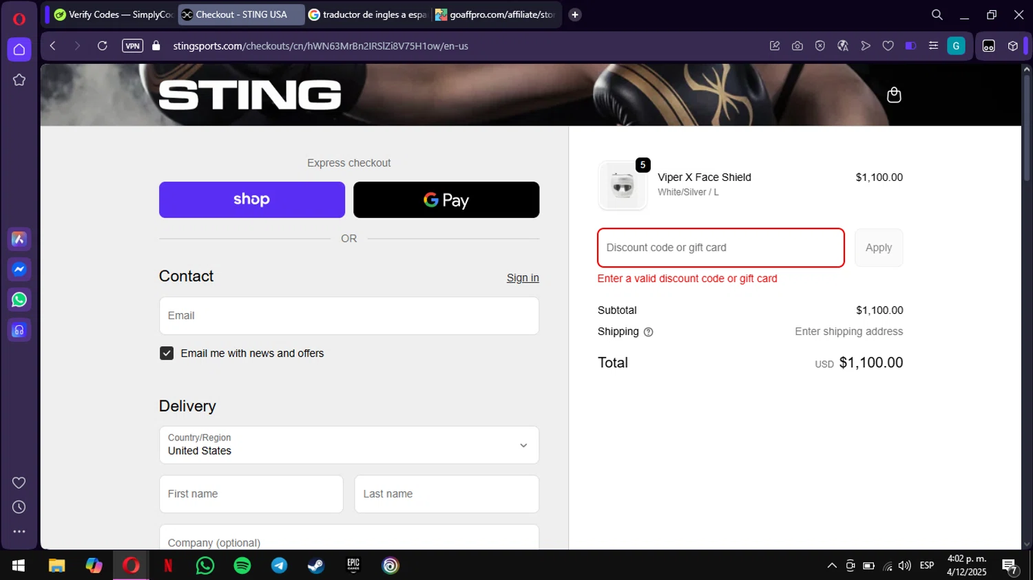 Sting Sports discount code screenshot showing code STINGBFVIP10 applied at Sting Sports checkout page. Uploaded by SimplyCodes community member ValiantWarden3907 on Dec 4, 2025