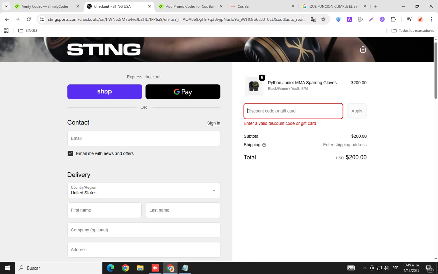 Sting Sports discount code screenshot showing code STINGBFVIP10 applied at Sting Sports checkout page. Uploaded by SimplyCodes community member donaldJtrump on Dec 4, 2025