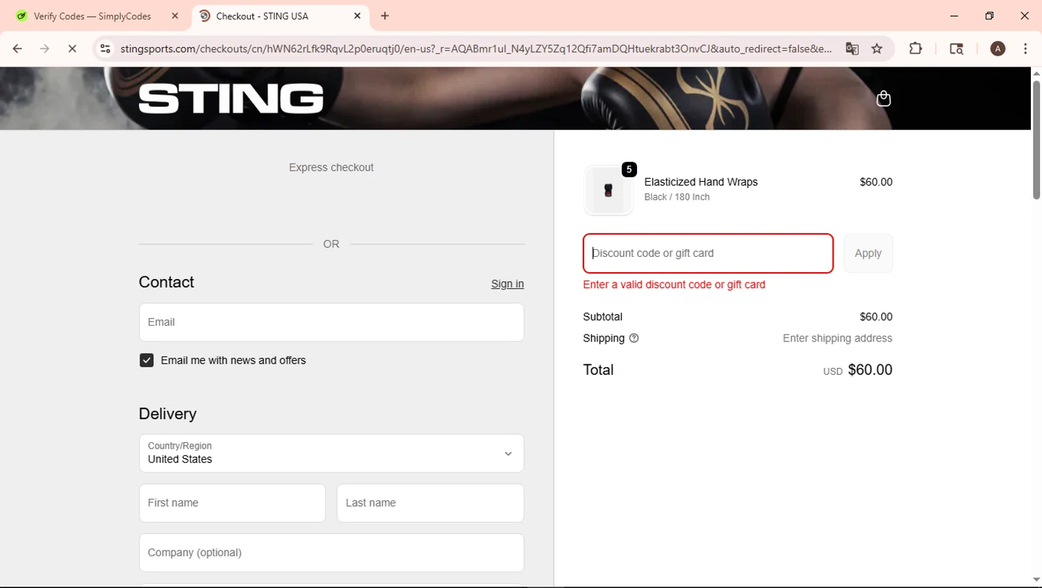 Sting Sports discount code screenshot showing code STINGCMVIP10 applied at Sting Sports checkout page. Uploaded by SimplyCodes community member Aguaita_coco on Dec 4, 2025