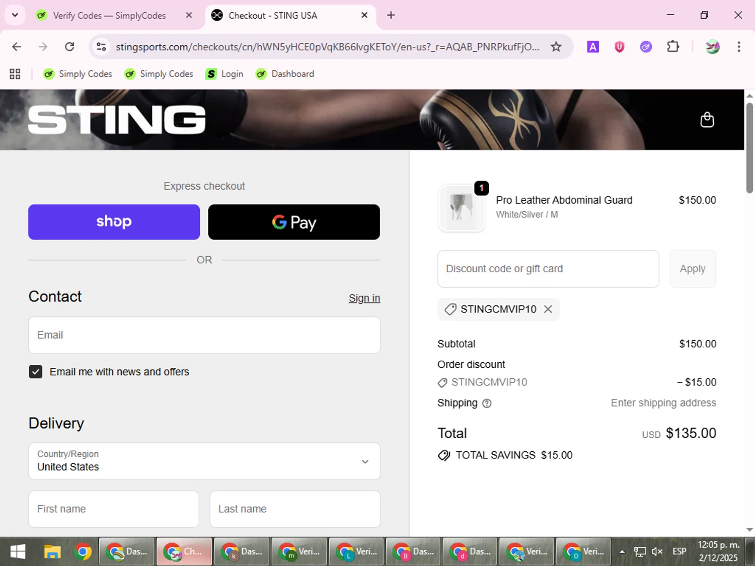 Sting Sports discount code screenshot showing code STINGCMVIP10 applied at Sting Sports checkout page. Uploaded by SimplyCodes community member SilverExpert5694 on Dec 2, 2025