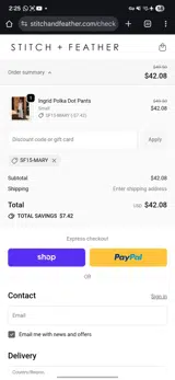 Stitch and Feather coupon verification screenshot