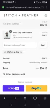 Stitch and Feather coupon verification screenshot