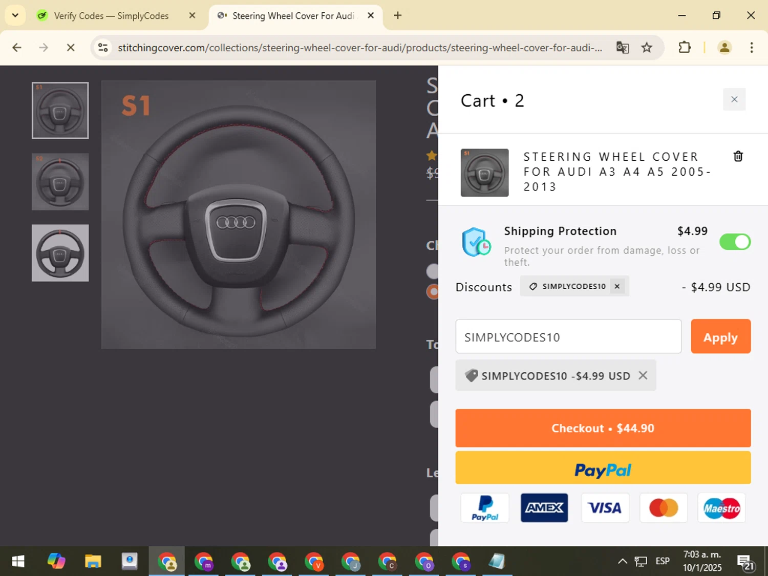 Stitchingcover promo code screenshot showing code SIMPLYCODES10 applied at Stitchingcover checkout page. Uploaded by SimplyCodes community member VictorL on Jan 10, 2025