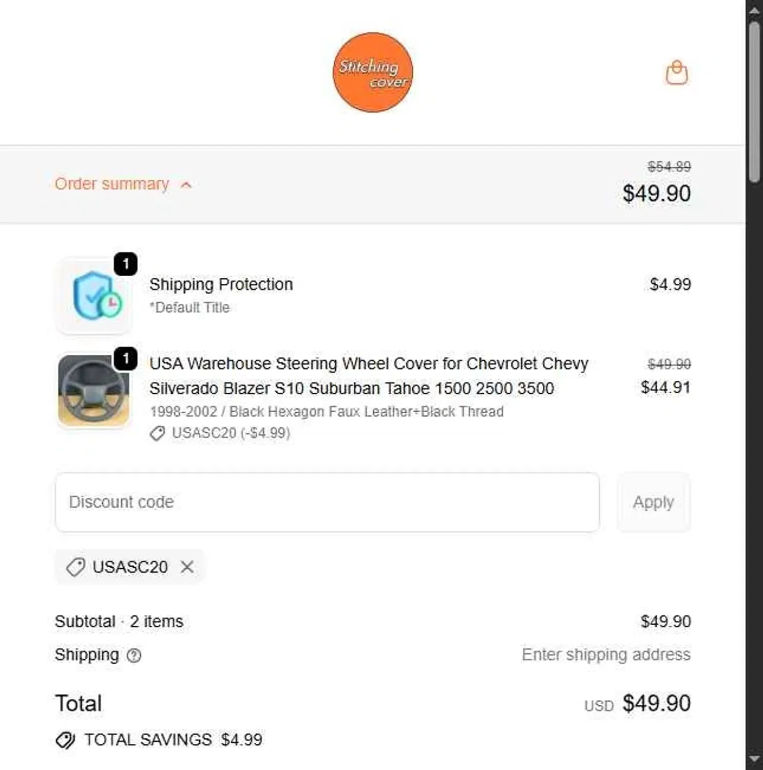 Stitchingcover promo code screenshot showing code USASC20 applied at Stitchingcover checkout page. Uploaded by SimplyCodes community member DiscountCurator2907 on Dec 2, 2025