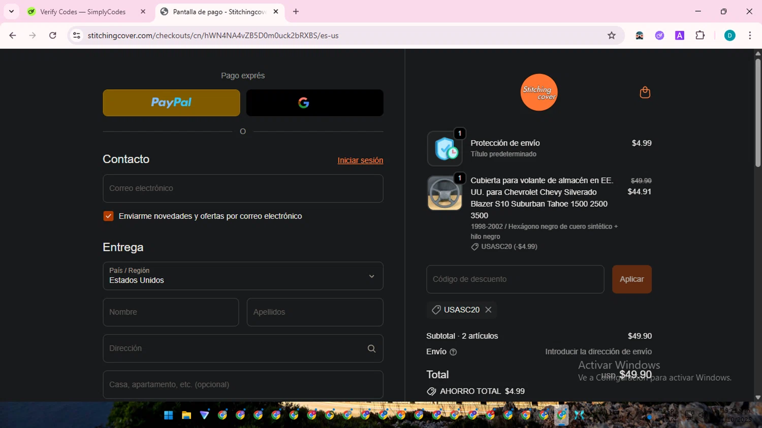 Stitchingcover promo code screenshot showing code USASC20 applied at Stitchingcover checkout page. Uploaded by SimplyCodes community member ShrewdTracker5871 on Oct 21, 2025