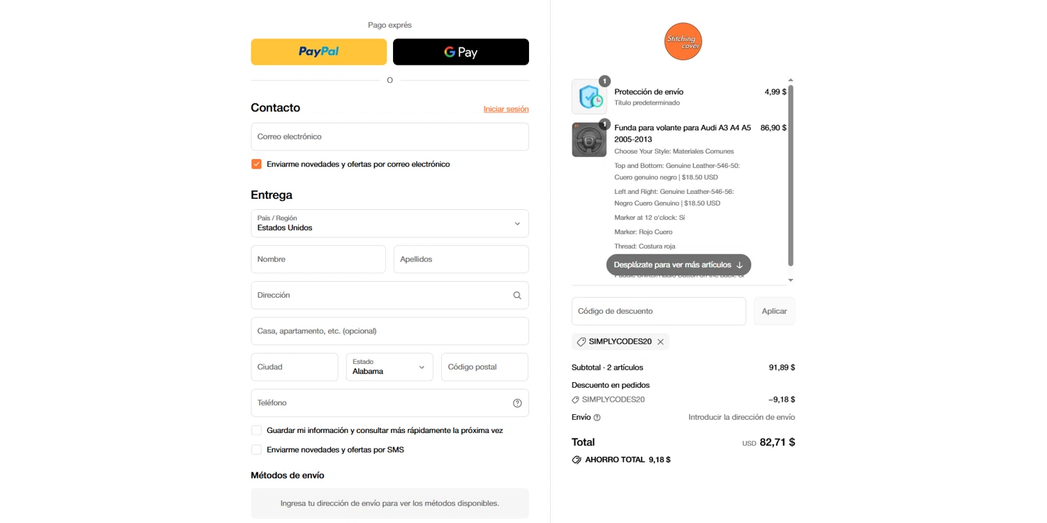 Stitchingcover promo code screenshot showing code SIMPLYCODES20 applied at Stitchingcover checkout page. Uploaded by SimplyCodes community member BrilliantVoyager5752 on Aug 15, 2025