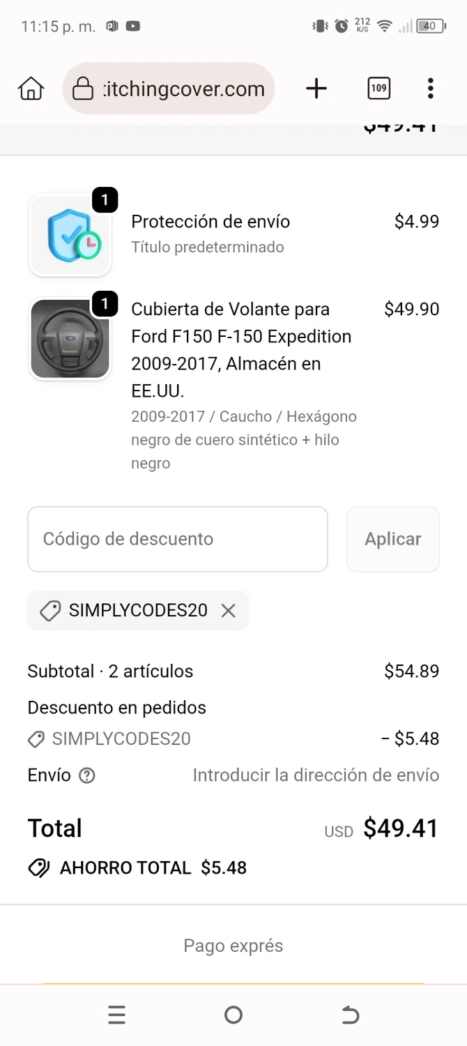 Stitchingcover promo code screenshot showing code SIMPLYCODES20 applied at Stitchingcover checkout page. Uploaded by SimplyCodes community member Typer19 on Nov 7, 2025