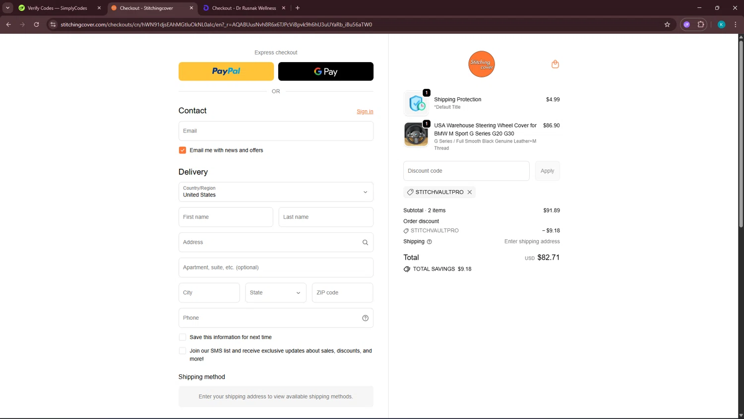 Stitchingcover checkout page showing Stitchingcover promo code box | Screenshot taken by SimplyCodes community member on Feb 21, 2026