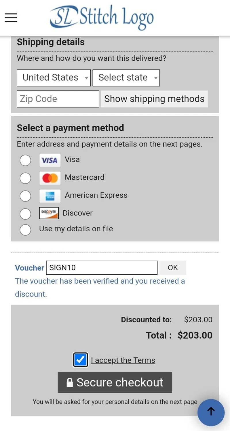 Stitch Logo promo code screenshot showing code SIGN10 applied at Stitch Logo checkout page. Uploaded by SimplyCodes community member NobleHunter6751 on Apr 14, 2025