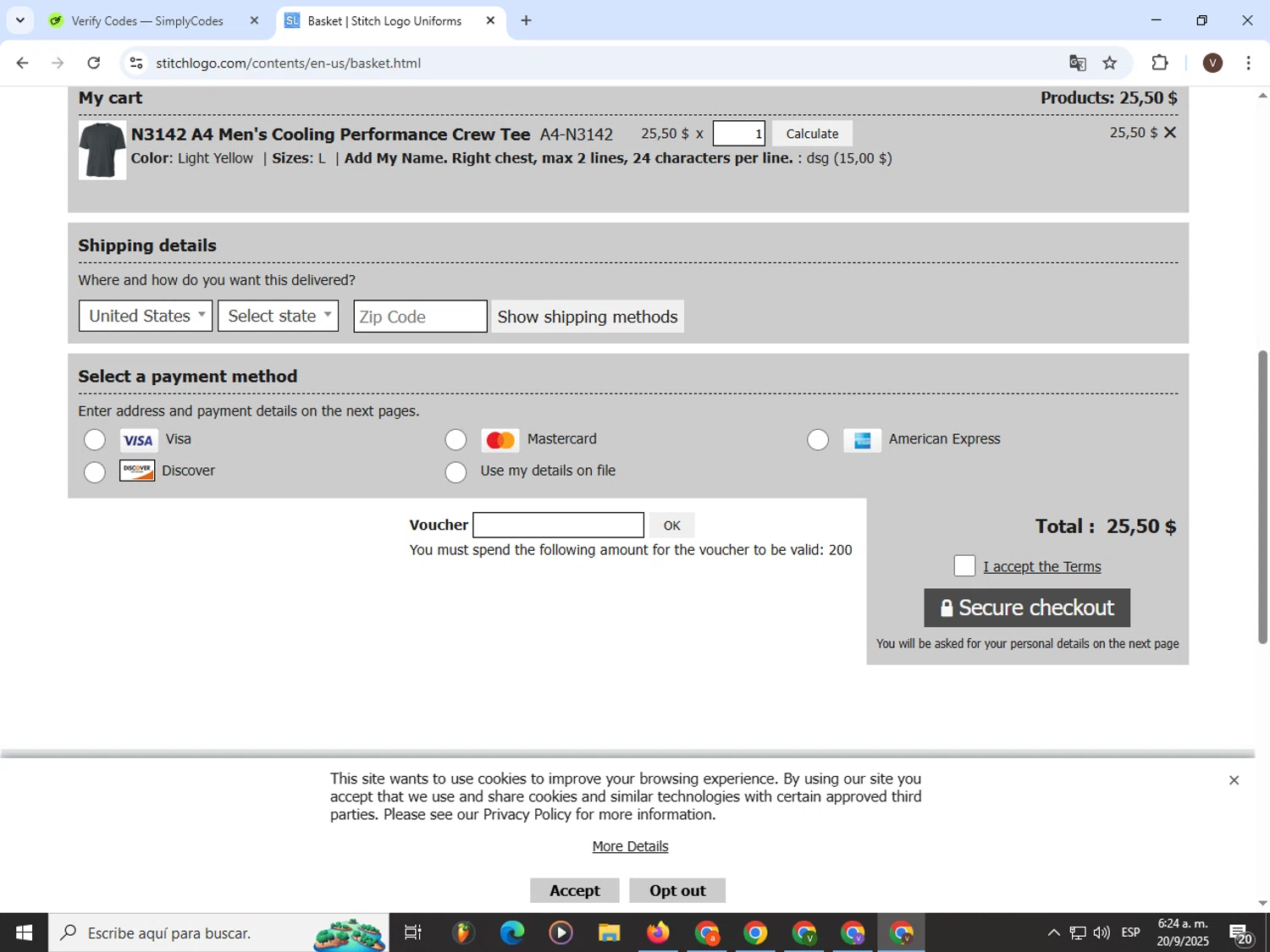 Stitch Logo checkout page showing Stitch Logo promo code box | Screenshot taken by SimplyCodes community member on Sep 20, 2025