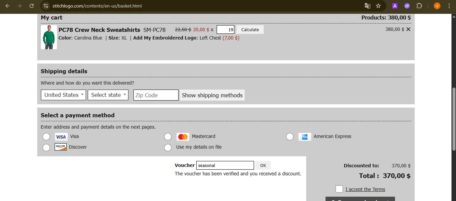 Stitch Logo promo code screenshot showing code seasonal applied at Stitch Logo checkout page. Uploaded by SimplyCodes community member PennyAdmiral6960 on Nov 4, 2025