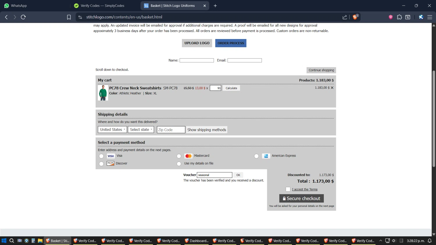 Stitch Logo promo code screenshot showing code seasonal applied at Stitch Logo checkout page. Uploaded by SimplyCodes community member SimplyGOAT on Nov 4, 2025