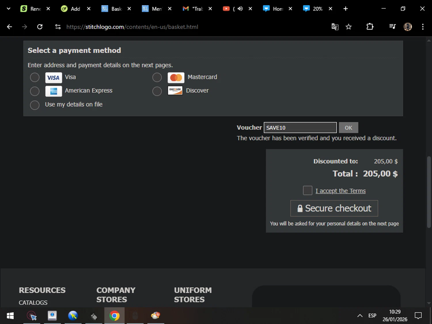 Stitch Logo promo code screenshot showing code SAVE10 applied at Stitch Logo checkout page. Uploaded by SimplyCodes community member MarcosAranguren on Jan 26, 2026
