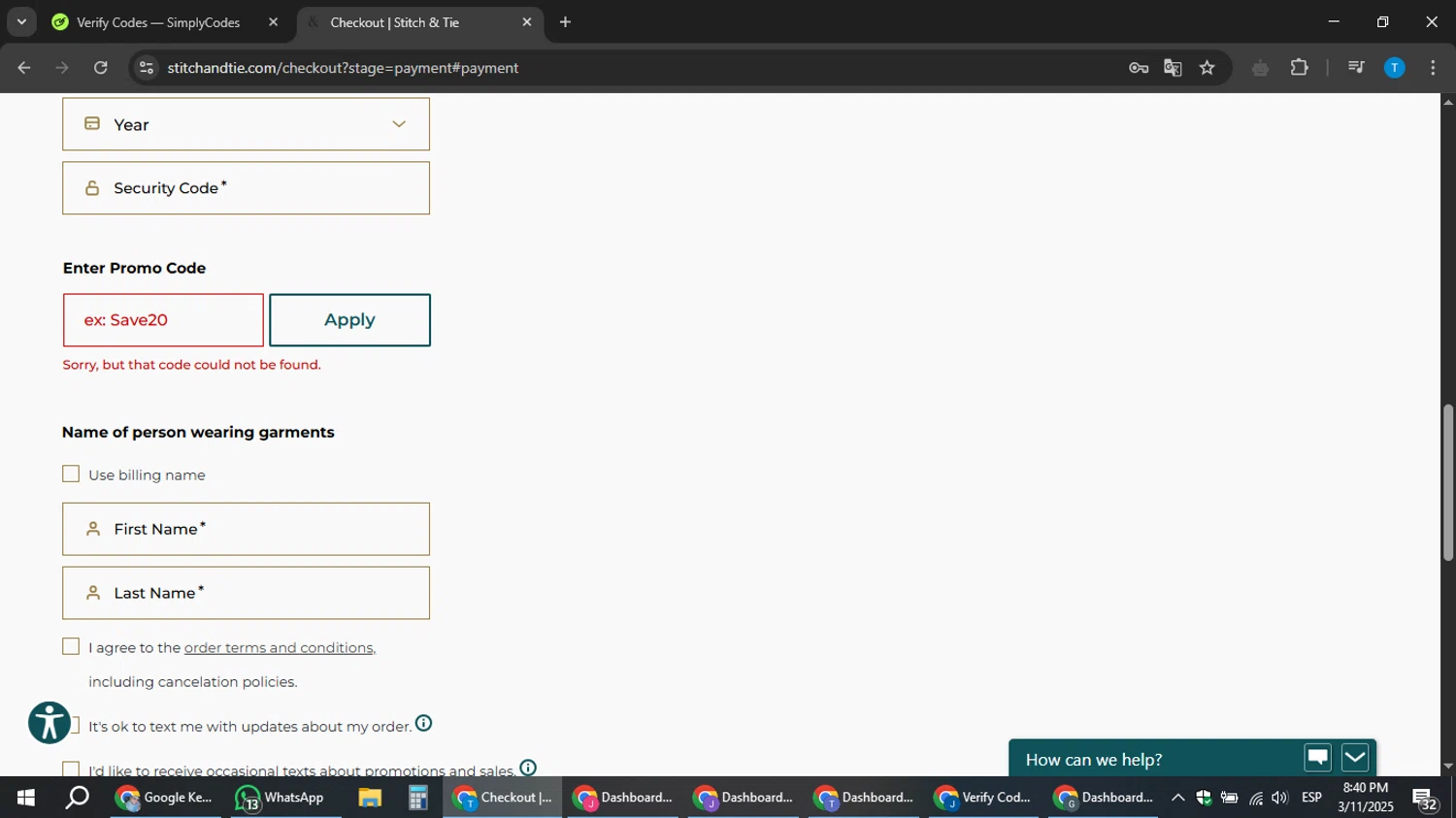 Stitch & Tie promo code screenshot showing code EASTER applied at Stitch & Tie checkout page. Uploaded by SimplyCodes community member hankt1521 on Mar 12, 2025
