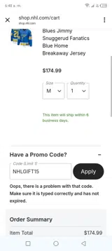 NHLGIFT15 coupon verification screenshot