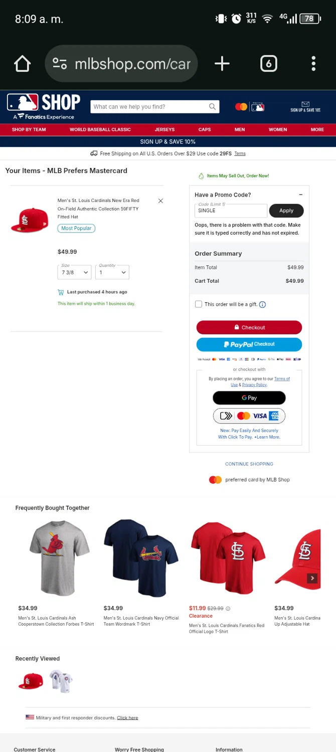 St. Louis Cardinals promo code screenshot showing code SINGLE applied at St. Louis Cardinals checkout page. Uploaded by SimplyCodes community member Bernado on Feb 3, 2026