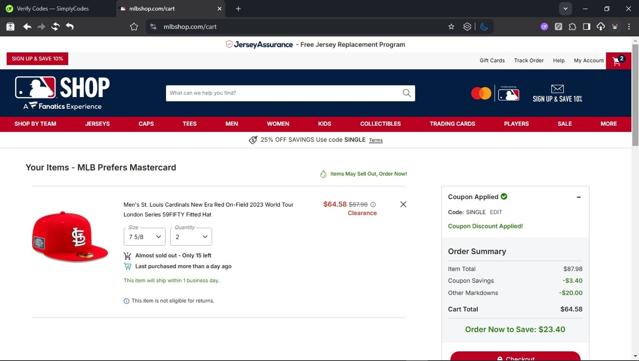 St. Louis Cardinals checkout page showing St. Louis Cardinals promo code box | Screenshot taken by SimplyCodes community member on Sep 24, 2025