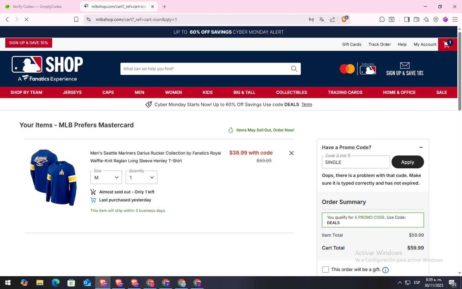St. Louis Cardinals promo code screenshot showing code SINGLE applied at St. Louis Cardinals checkout page. Uploaded by SimplyCodes community member CodeLynx5272 on Nov 30, 2025