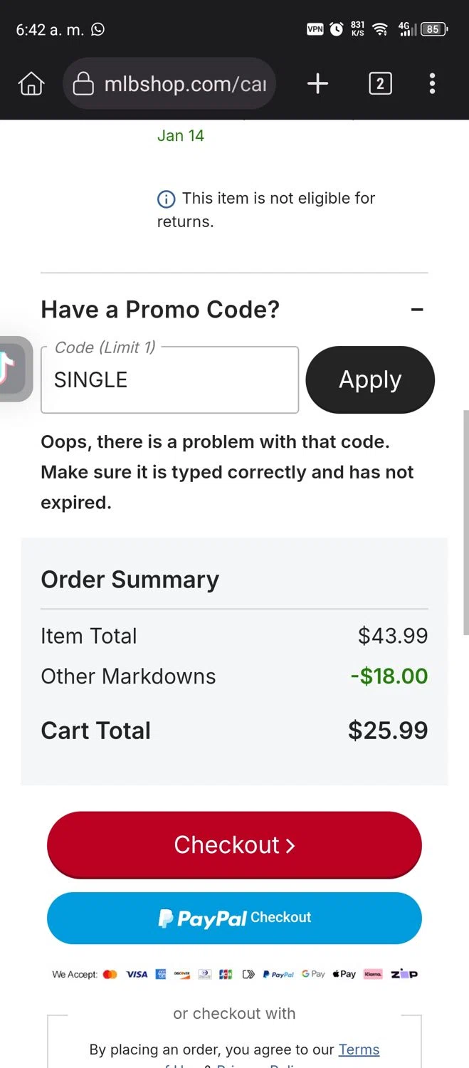 St. Louis Cardinals promo code screenshot showing code SINGLE applied at St. Louis Cardinals checkout page. Uploaded by SimplyCodes community member Diego_Soto on Jan 3, 2026