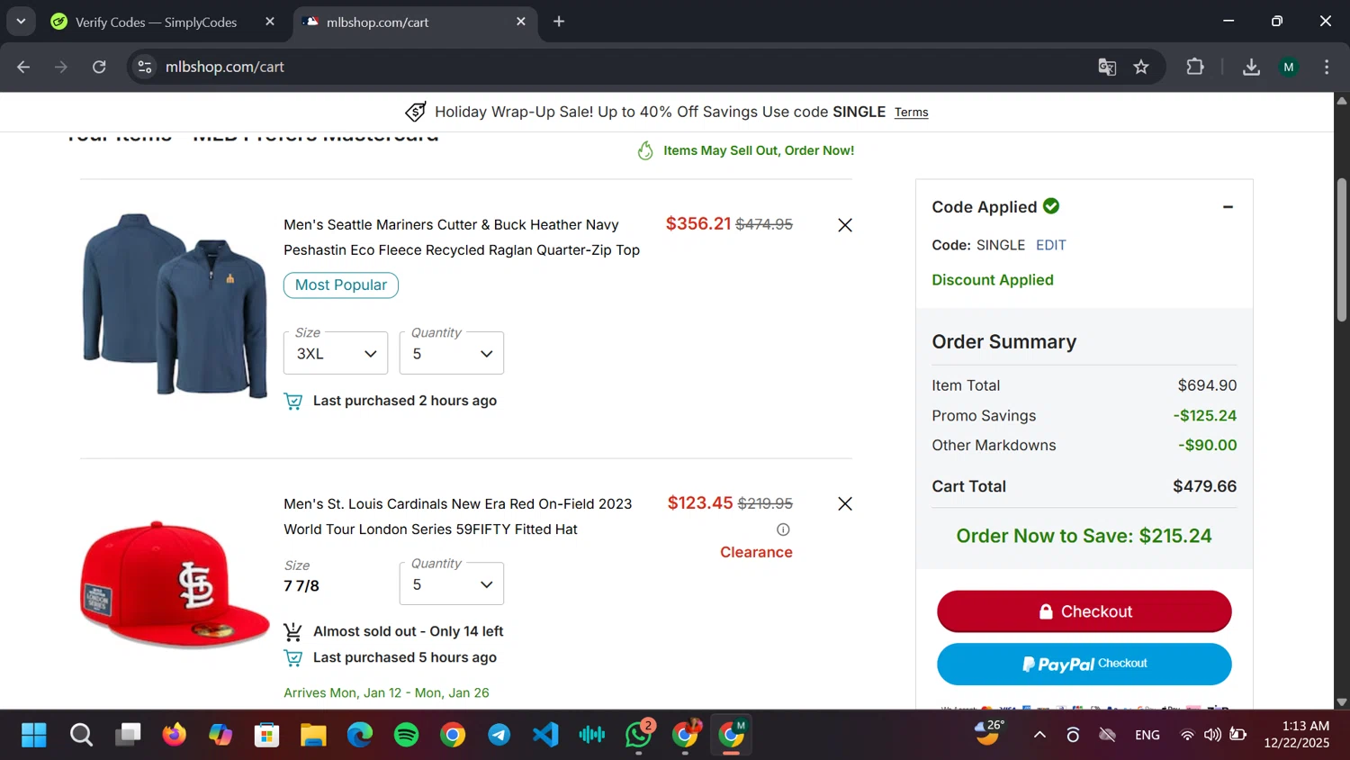 St. Louis Cardinals promo code screenshot showing code SINGLE applied at St. Louis Cardinals checkout page. Uploaded by SimplyCodes community member JPRJOESTAR on Dec 22, 2025