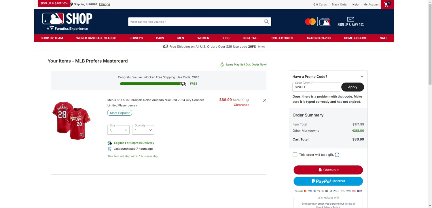 St. Louis Cardinals promo code screenshot showing code SINGLE applied at St. Louis Cardinals checkout page. Uploaded by SimplyCodes community member NobleMaestro6498 on Feb 3, 2026