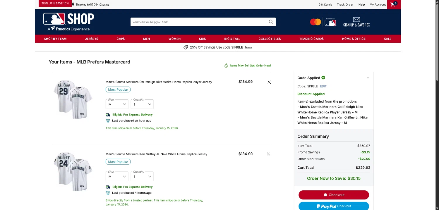 St. Louis Cardinals checkout page showing St. Louis Cardinals promo code box | Screenshot taken by SimplyCodes community member on Jan 15, 2026