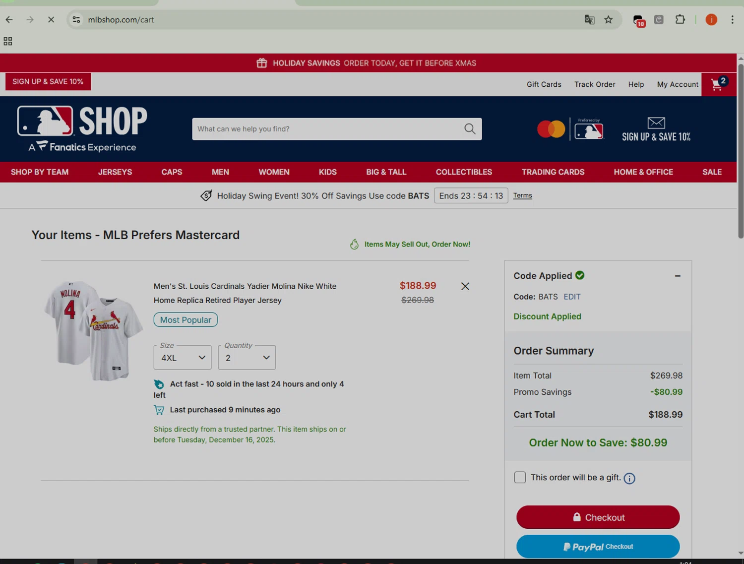 St. Louis Cardinals checkout page showing St. Louis Cardinals promo code box | Screenshot taken by SimplyCodes community member on Dec 15, 2025