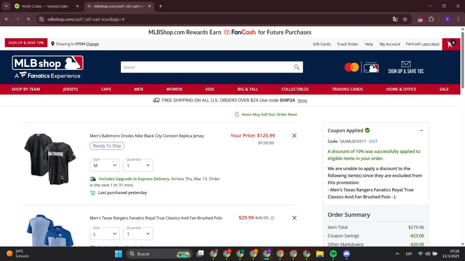 St. Louis Cardinals promo code screenshot showing code SASMLB10317 applied at St. Louis Cardinals checkout page. Uploaded by SimplyCodes community member LewisHamilton on Mar 11, 2025