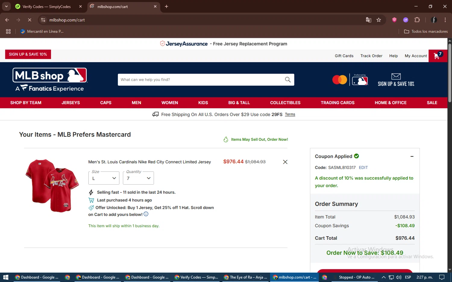 St. Louis Cardinals promo code screenshot showing code SASMLB10317 applied at St. Louis Cardinals checkout page. Uploaded by SimplyCodes community member alexdaal on Jun 25, 2025