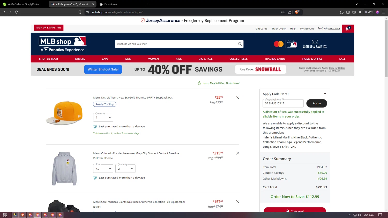 St. Louis Cardinals promo code screenshot showing code SASMLB10317 applied at St. Louis Cardinals checkout page. Uploaded by SimplyCodes community member diosgreed2030 on Dec 27, 2024