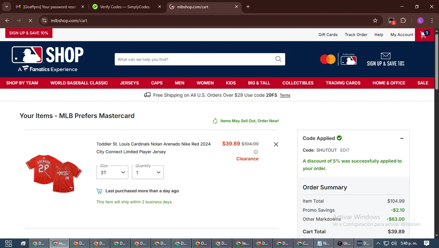 St. Louis Cardinals checkout page showing St. Louis Cardinals promo code box | Screenshot taken by SimplyCodes community member on Jan 24, 2026