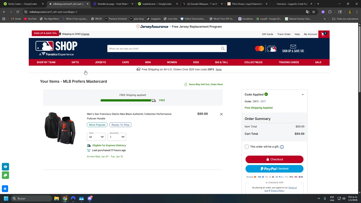 St. Louis Cardinals checkout page showing St. Louis Cardinals promo code box | Screenshot taken by SimplyCodes community member on Jan 1, 2026