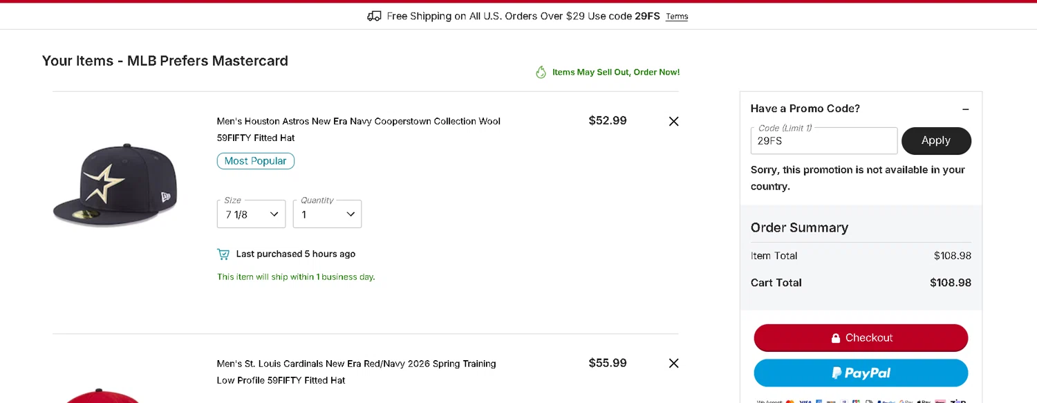 St. Louis Cardinals checkout page showing St. Louis Cardinals promo code box | Screenshot taken by SimplyCodes community member on Feb 18, 2026