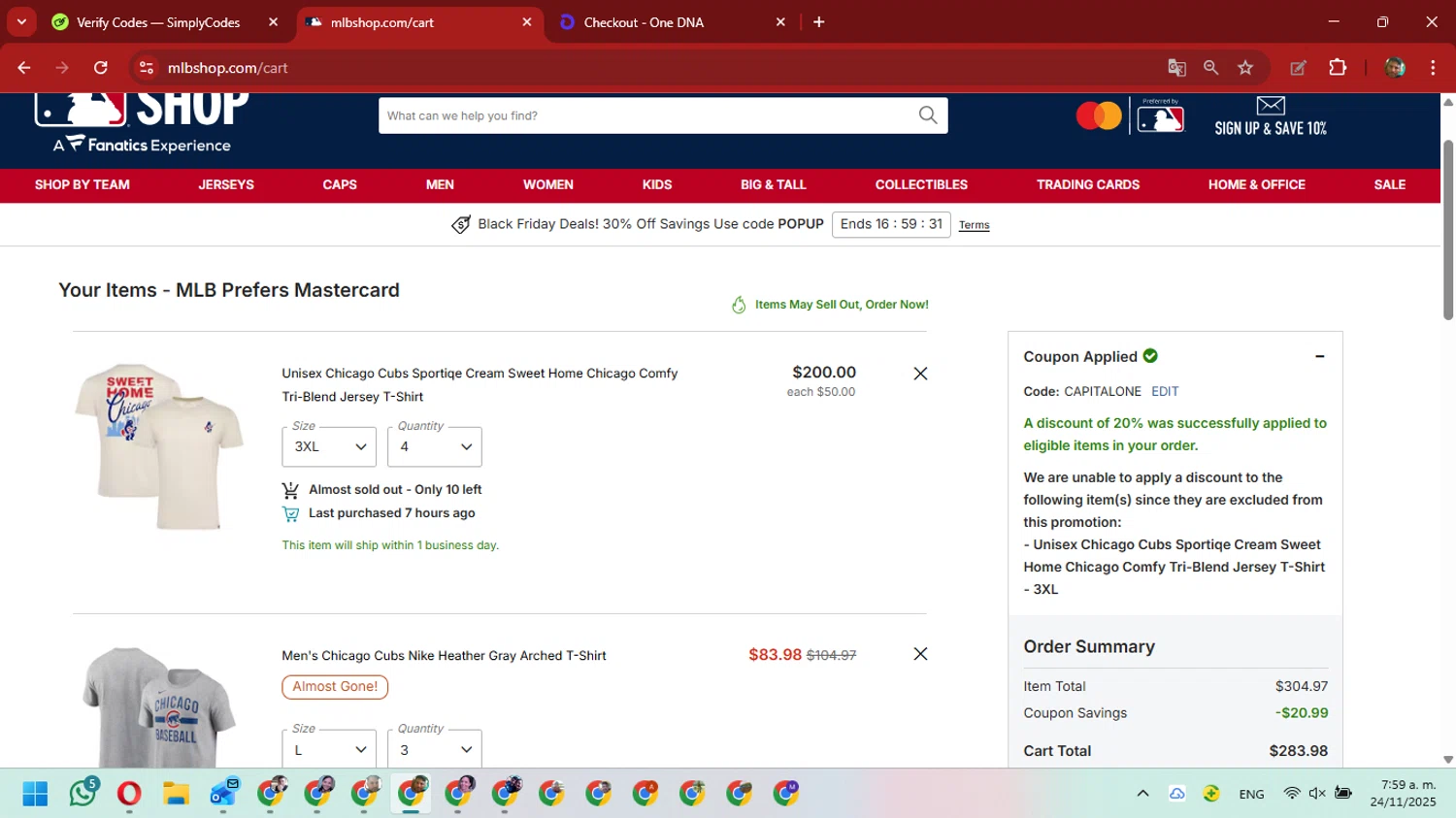 St. Louis Cardinals promo code screenshot showing code CAPITALONE applied at St. Louis Cardinals checkout page. Uploaded by SimplyCodes community member David_Gut_Sonic on Nov 24, 2025
