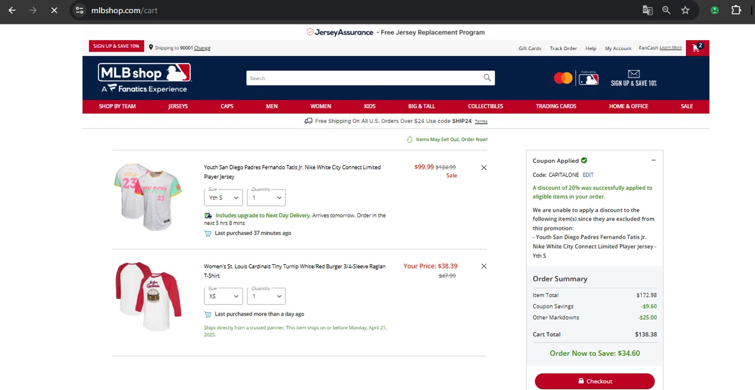 St. Louis Cardinals promo code screenshot showing code CAPITALONE applied at St. Louis Cardinals checkout page. Uploaded by SimplyCodes community member RoyalSpotter5217 on Apr 16, 2025
