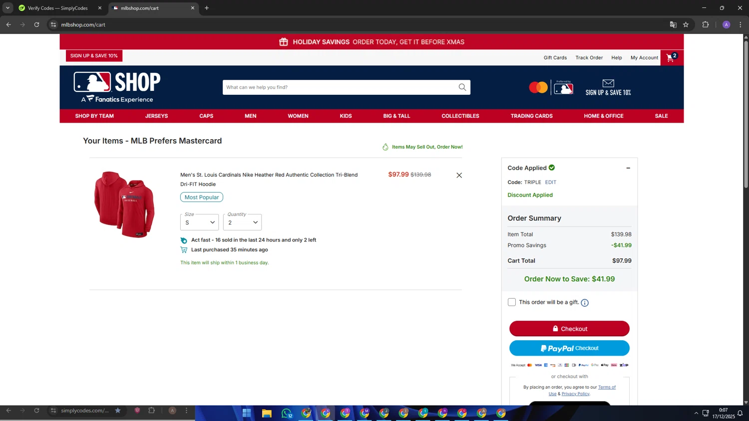 St. Louis Cardinals checkout page showing St. Louis Cardinals promo code box | Screenshot taken by SimplyCodes community member on Dec 17, 2025