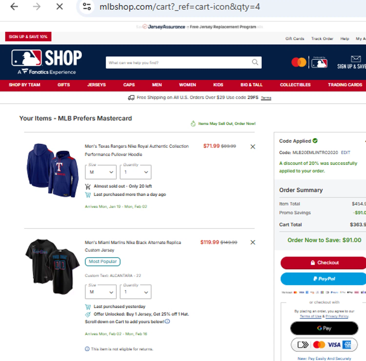 St. Louis Cardinals checkout page showing St. Louis Cardinals promo code box | Screenshot taken by SimplyCodes community member on Jan 3, 2026