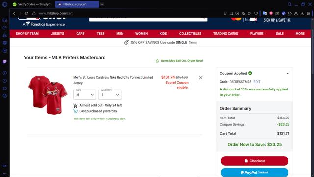 St. Louis Cardinals checkout page showing St. Louis Cardinals promo code box | Screenshot taken by SimplyCodes community member on Oct 5, 2025