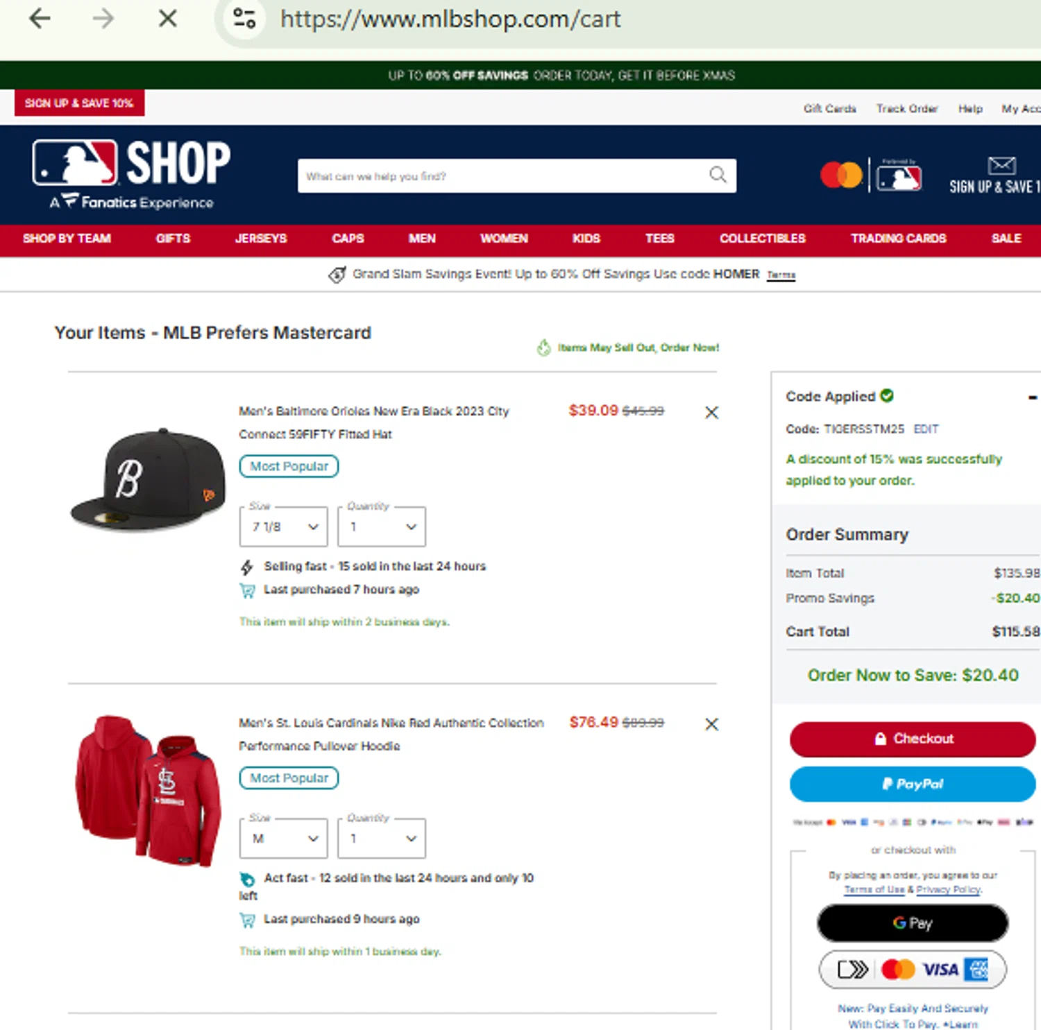 St. Louis Cardinals promo code screenshot showing code TIGERSSTM25 applied at St. Louis Cardinals checkout page. Uploaded by SimplyCodes community member RewardFinder4836 on Dec 12, 2025