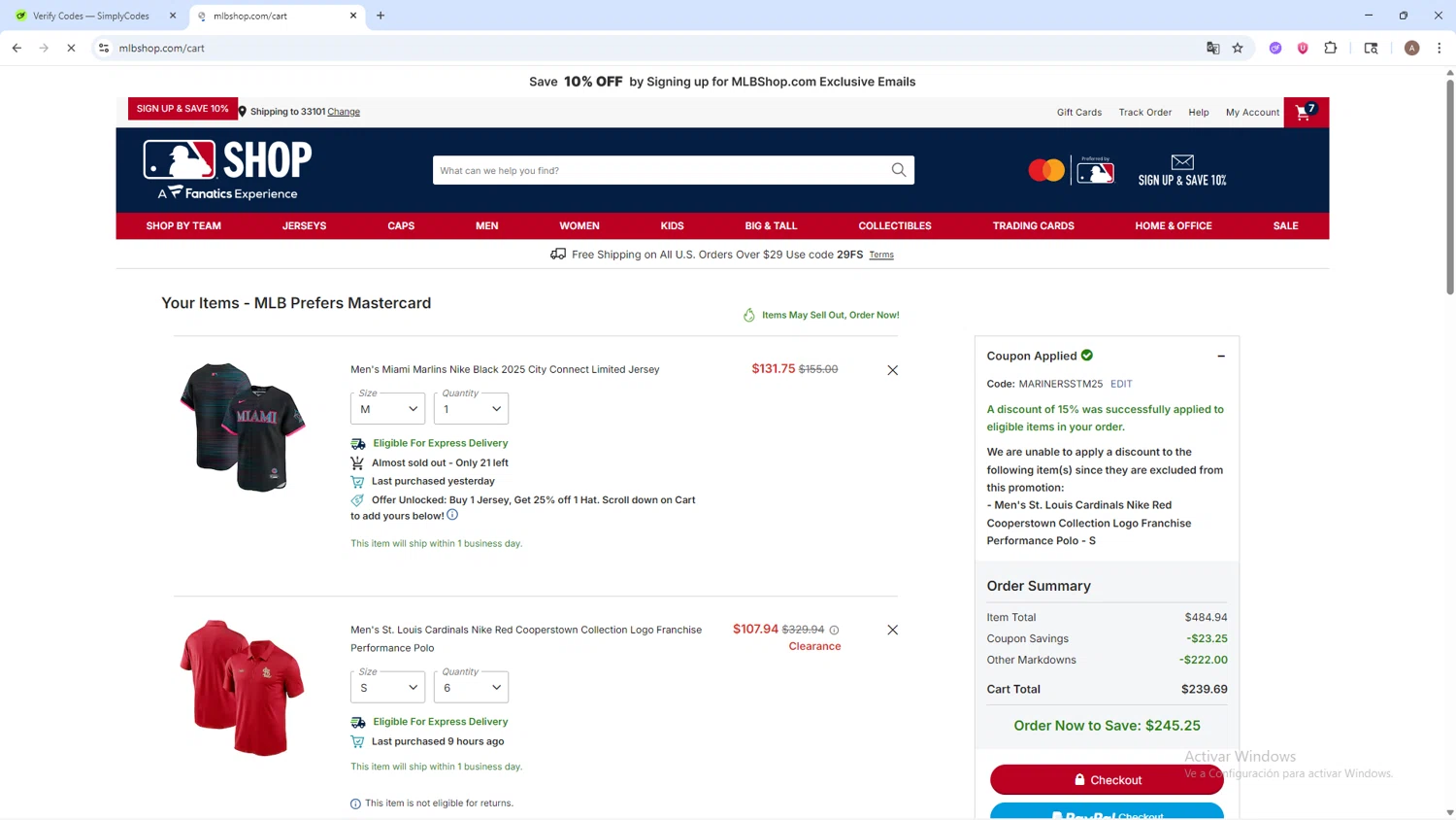 St. Louis Cardinals promo code screenshot showing code MARINERSSTM25 applied at St. Louis Cardinals checkout page. Uploaded by SimplyCodes community member SwiftSage2309 on Sep 11, 2025